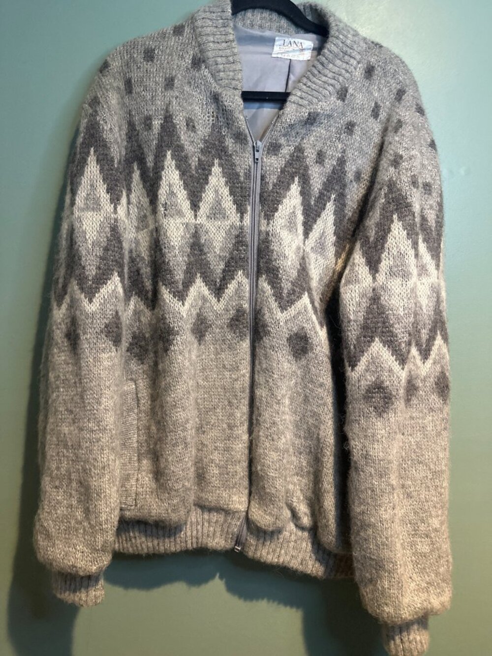 Vintage LANA Iceland 100% Wool Zip Sweater Mens Nordic Fair Isle Jacket Coat